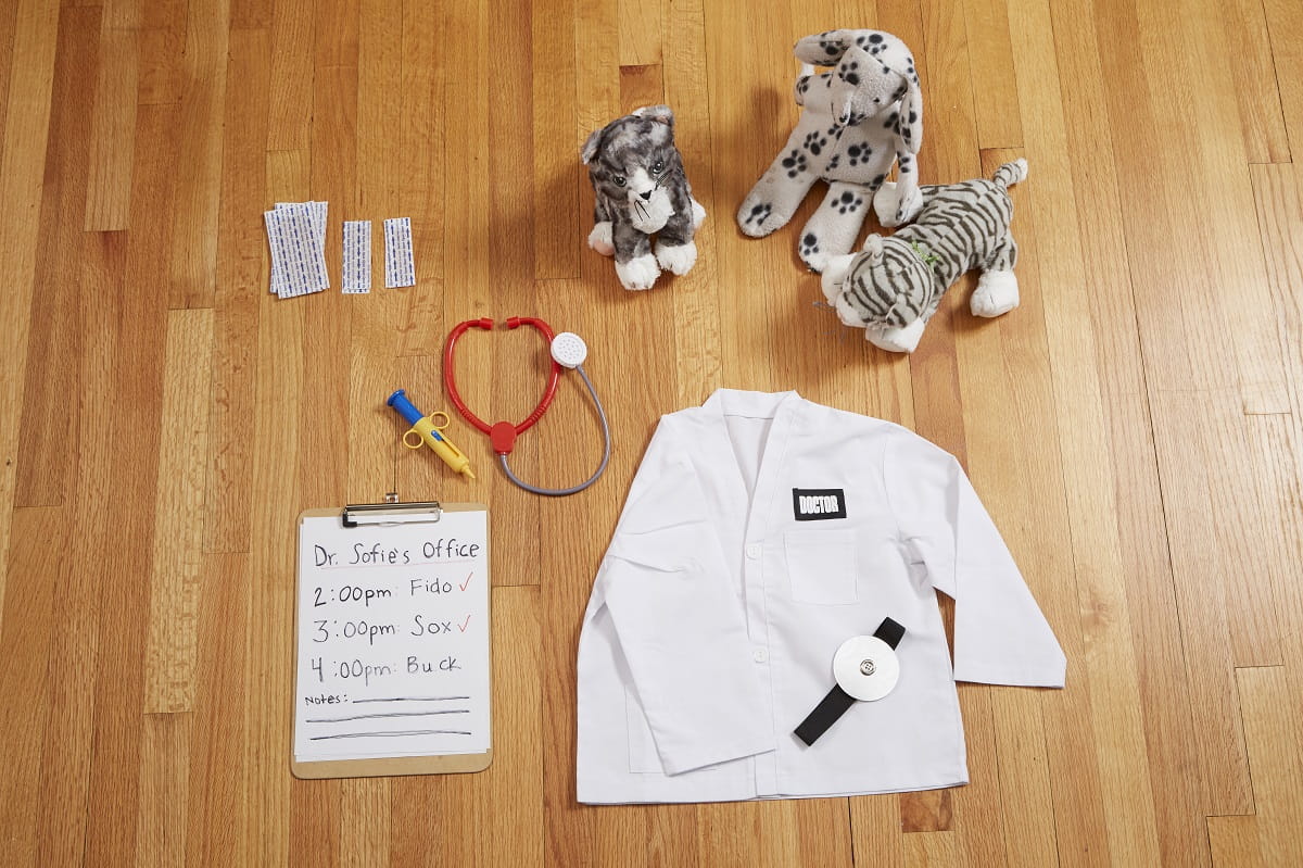 Materials for Veterianrian Clinic Pretend Play - Lab coat, stethoscope, stuffed animals, band aids